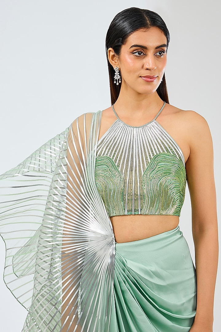 Sage Green Satin Chiffon Skirt Set by Amit Aggarwal at Pernia's Pop Up Shop