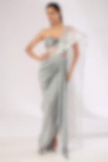 Steel Grey Metallic Polymer Draped Skirt Reception Saree Set by Amit Aggarwal at Pernia's Pop Up Shop