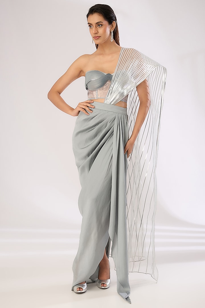 Steel Grey Metallic Polymer Draped Skirt Reception Saree Set by Amit Aggarwal at Pernia's Pop Up Shop