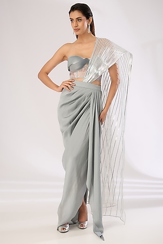 Steel Grey Metallic Polymer Draped Skirt Saree Set by Amit Aggarwal