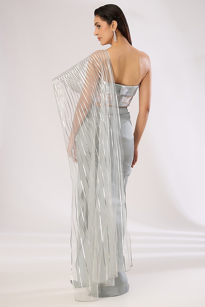 Steel Grey Metallic Polymer Draped Skirt Reception Saree Set by Amit Aggarwal at Pernia's Pop Up Shop