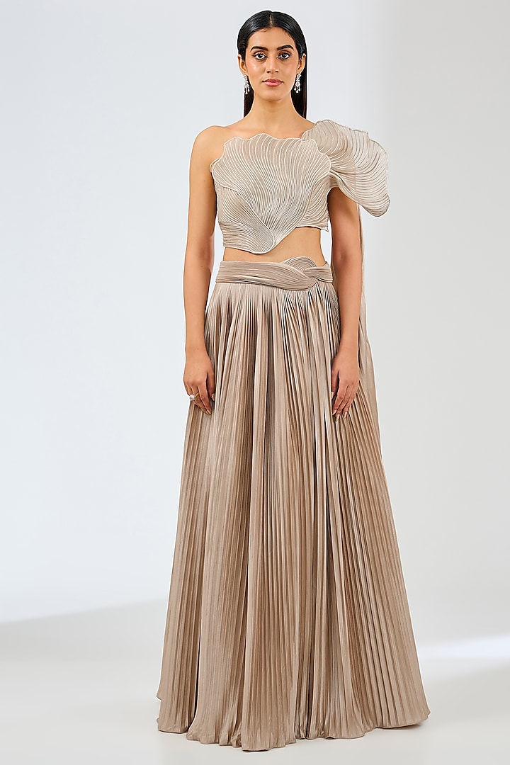 Sand-Colored Jersey Draped Bridal Lehenga Set by Amit Aggarwal at Pernia's Pop Up Shop