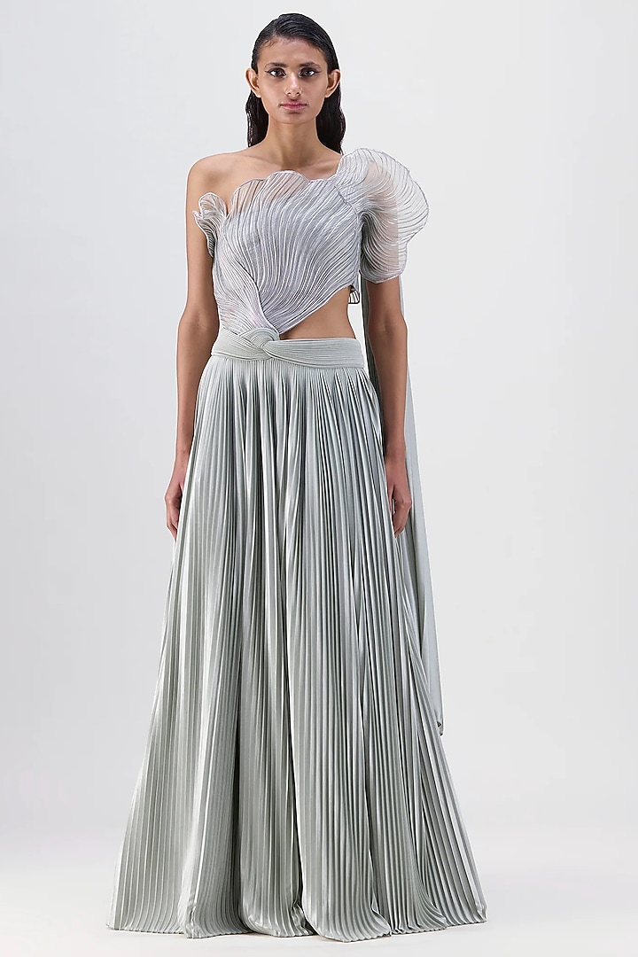 Sage Green Mineral Jersey & Organza Bridal Lehenga Set by Amit Aggarwal at Pernia's Pop Up Shop