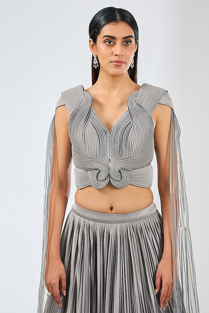 Steel-Colored Jersey Draped Bridal Lehenga Set by Amit Aggarwal at Pernia's Pop Up Shop
