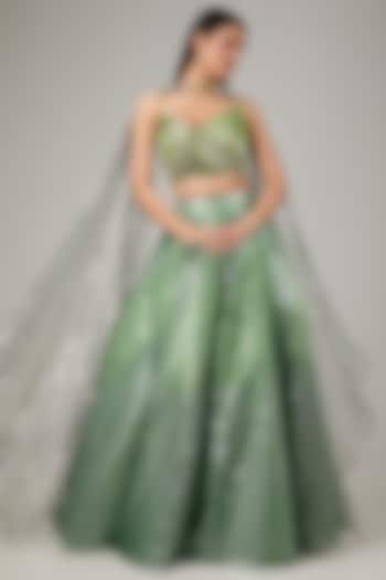 Green Metallic Polymer & Crepe Chiffon Bridal Lehenga Set by Amit Aggarwal at Pernia's Pop Up Shop