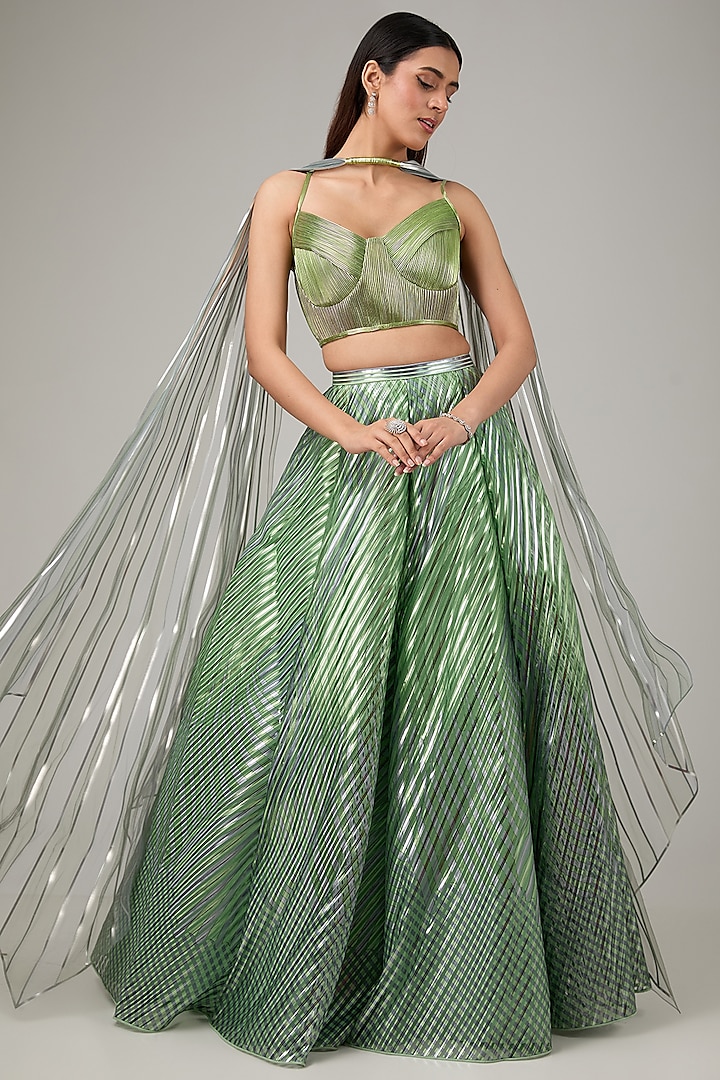 Green Metallic Polymer & Crepe Chiffon Lehenga Set by Amit Aggarwal