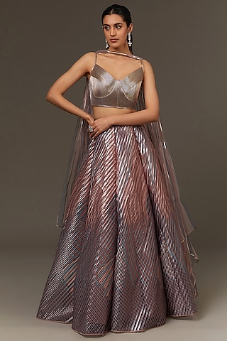Rose Pink Metallic Polymer & Crepe Chiffon Lehenga Set by Amit Aggarwal