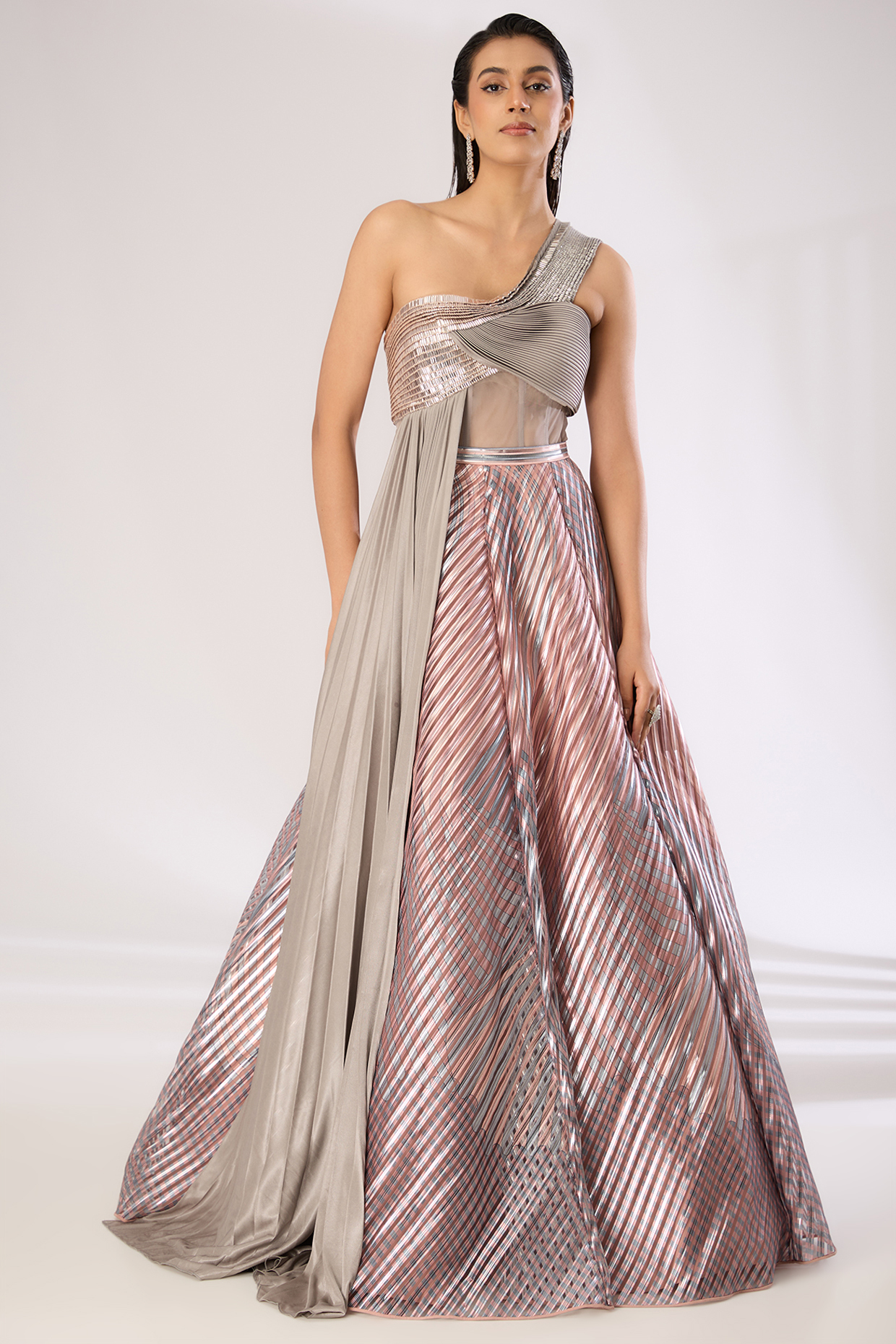 Rose Pink Metallic Striper Bridal lehenga for 22 Lehenga Set by Amit Aggarwal at Pernia's Pop Up Shop