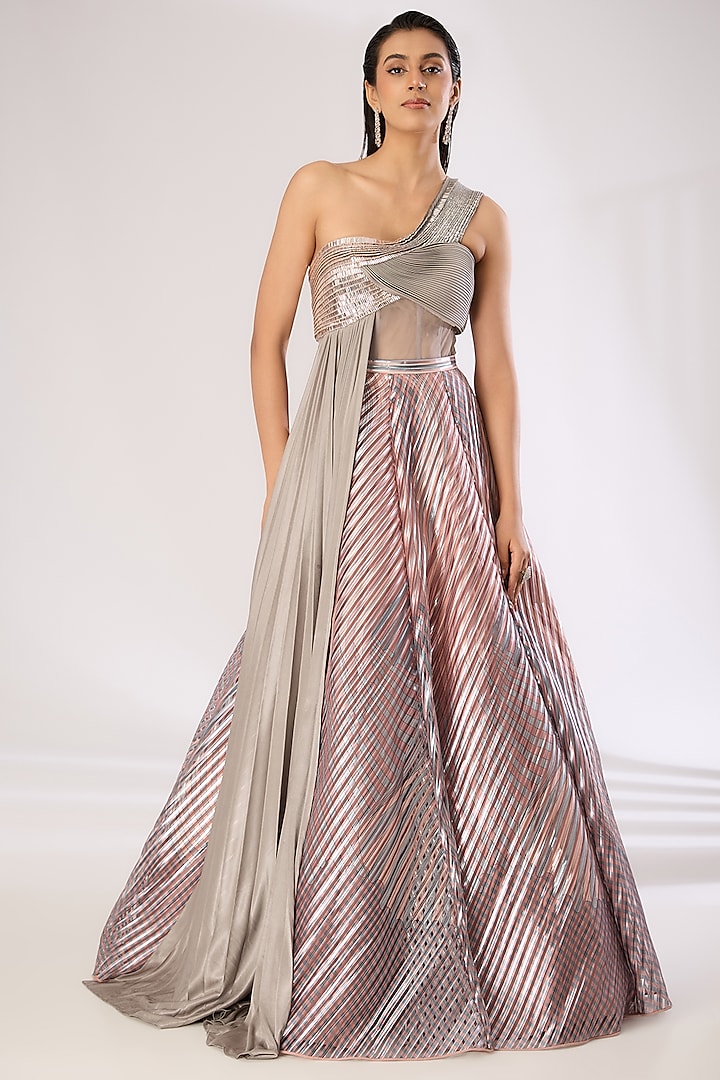 Rose Pink Metallic Striper Bridal lehenga for 22 Lehenga Set by Amit Aggarwal at Pernia's Pop Up Shop