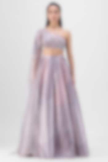 Rose Pink Metallic & Tulle Printed Fluted Skirt Set by Amit Aggarwal at Pernia's Pop Up Shop