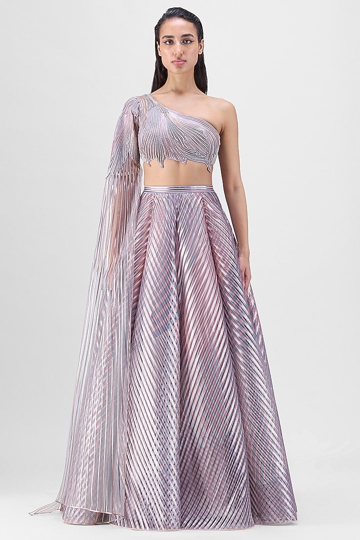 Rose Pink Metallic & Tulle Printed Fluted Skirt Set by Amit Aggarwal at Pernia's Pop Up Shop