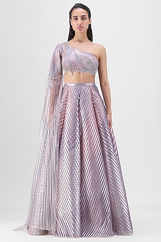 Rose Pink Metallic & Tulle Printed Fluted Skirt Set by Amit Aggarwal