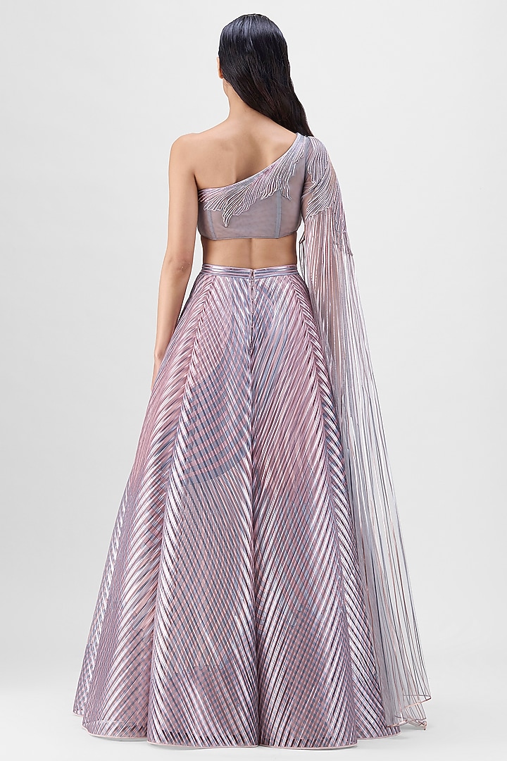 Rose Pink Metallic & Tulle Printed Fluted Skirt Set by Amit Aggarwal at Pernia's Pop Up Shop