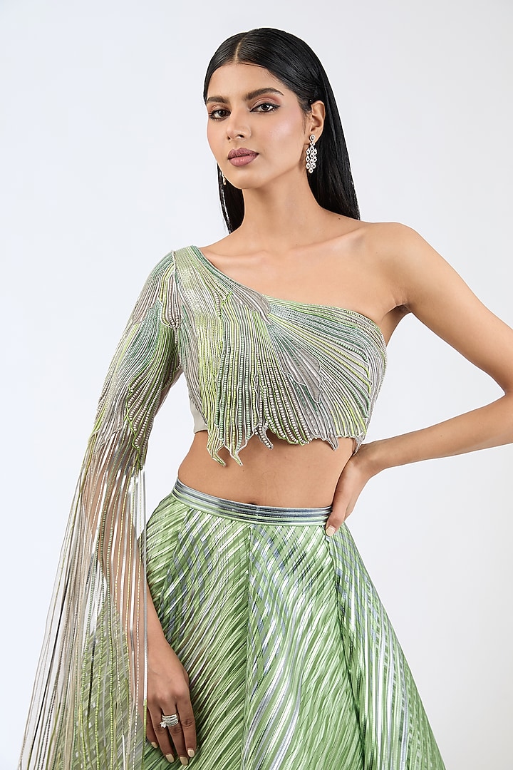 Sage Green Metallic Stripe Bridal Lehenga Set by Amit Aggarwal at Pernia's Pop Up Shop