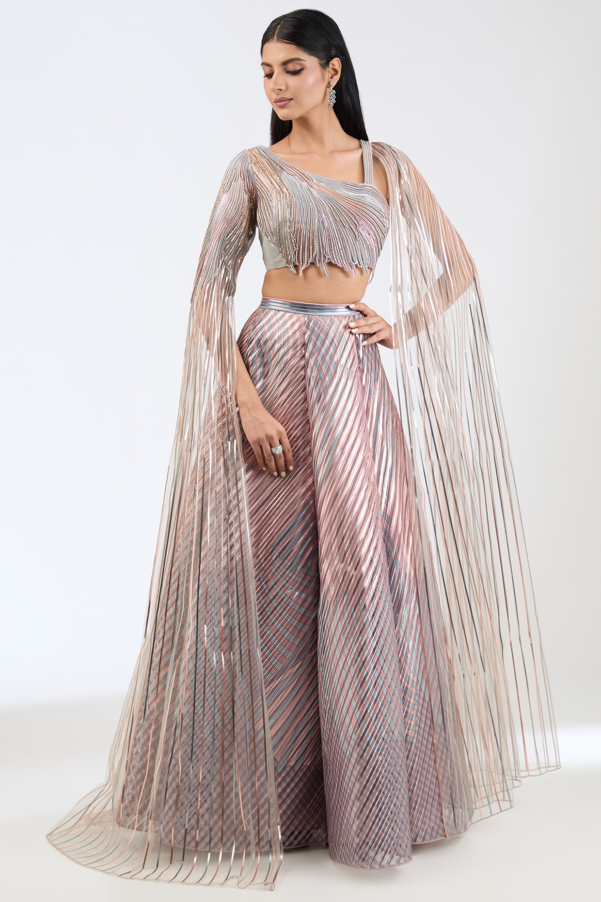 Rose Metallic Stripe Bridal lehenga for 22 Lehenga Set by Amit Aggarwal at Pernia's Pop Up Shop