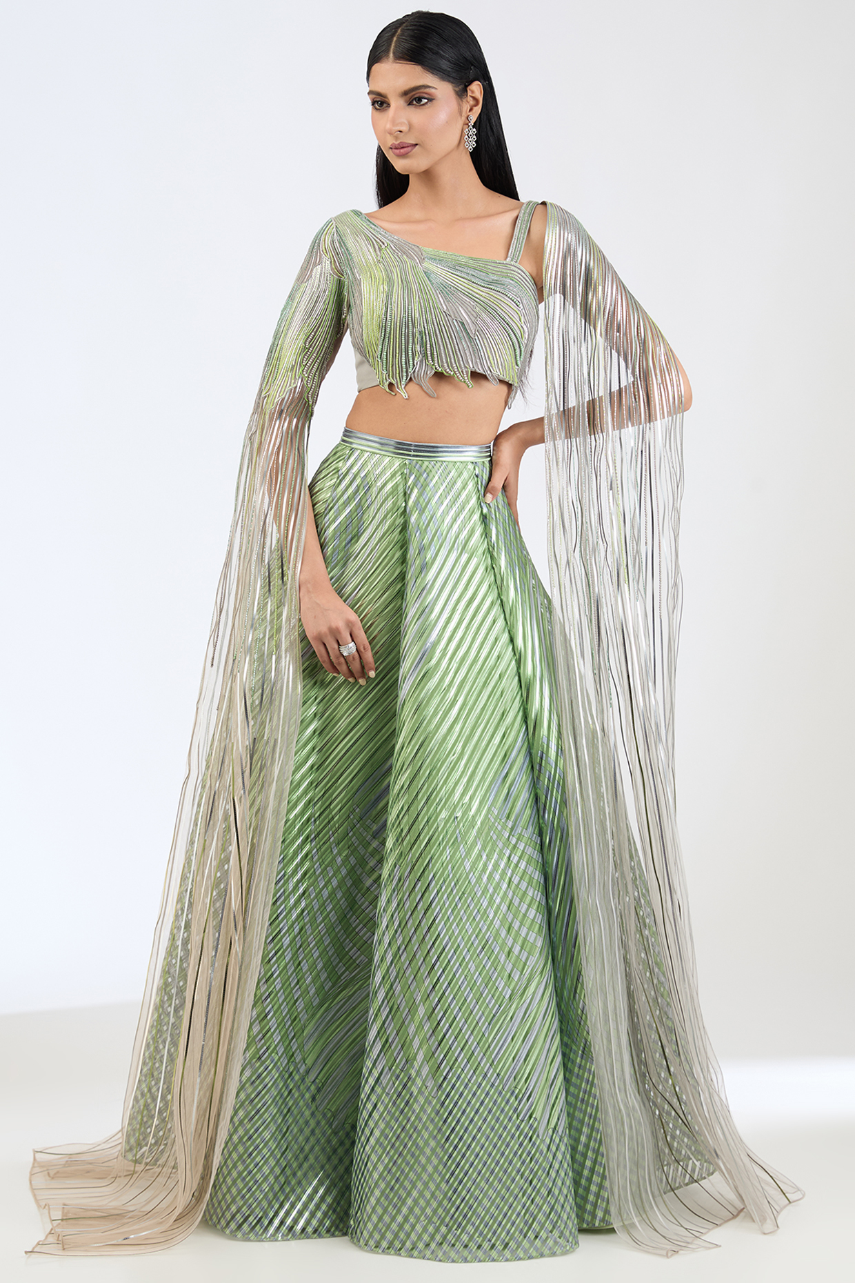 Sage Green Metallic Stripe Bridal Lehenga Set by Amit Aggarwal at Pernia's Pop Up Shop