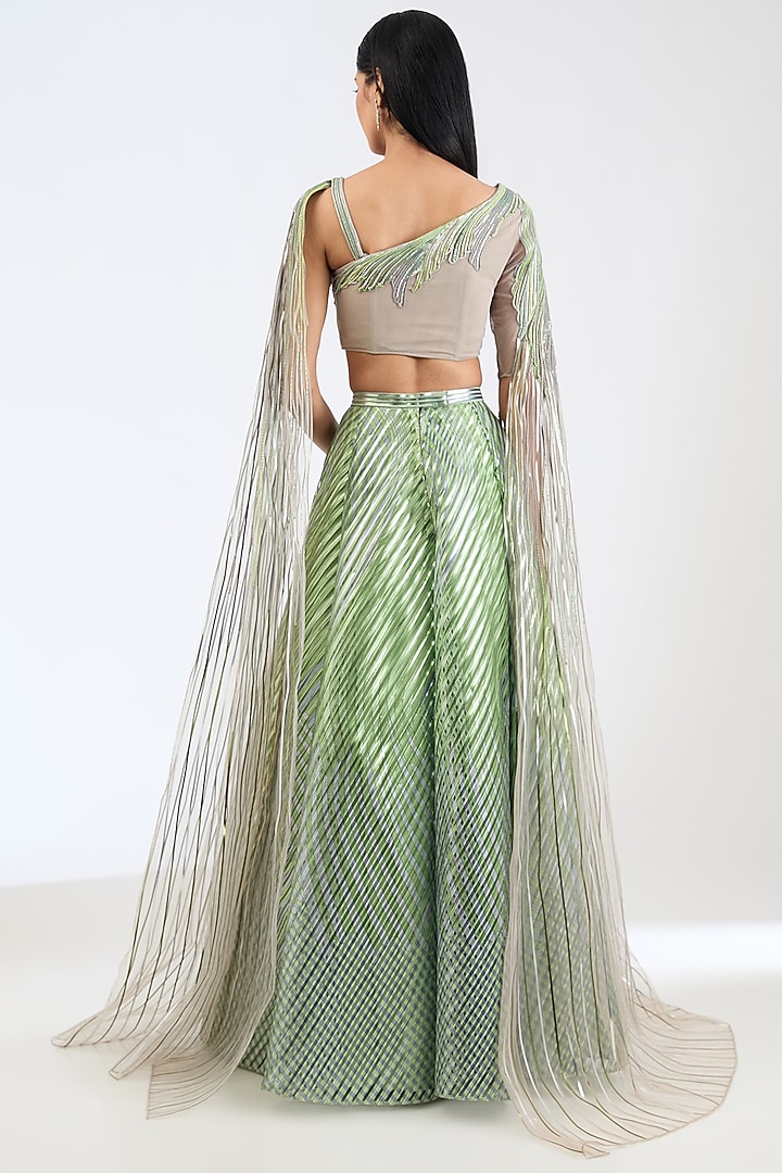 Sage Green Metallic Stripe Bridal Lehenga Set by Amit Aggarwal at Pernia's Pop Up Shop