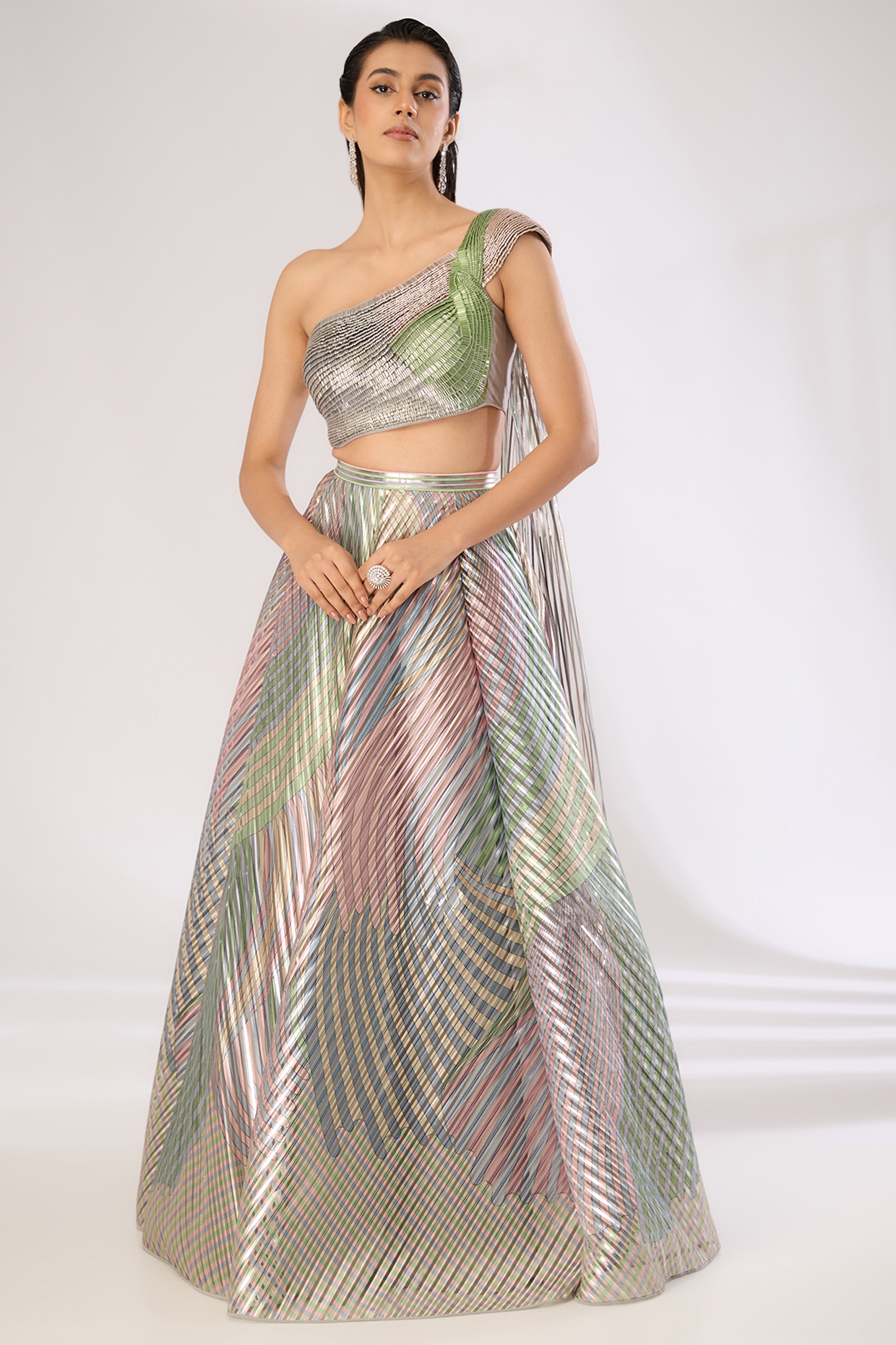 Multi-Colored Metallic Striper Bridal Lehenga Set by Amit Aggarwal at Pernia's Pop Up Shop