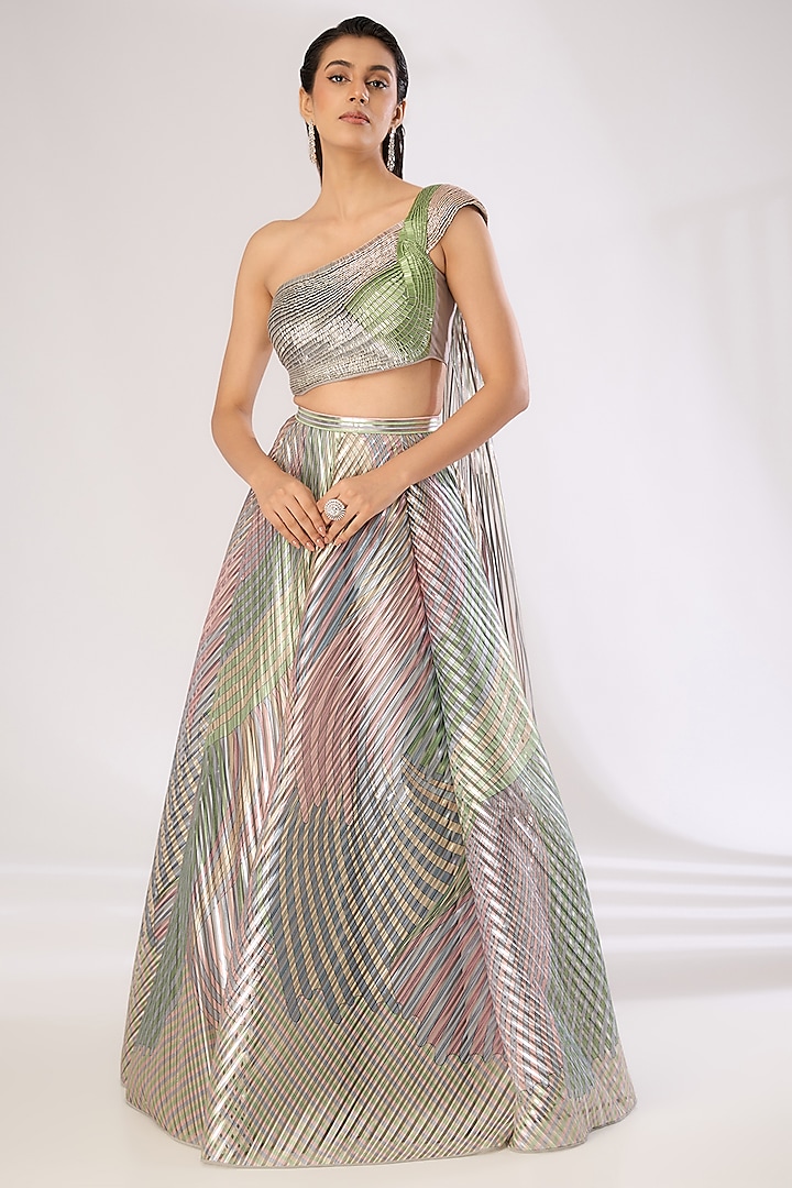 Multi-Colored Metallic Striper Bridal Lehenga Set by Amit Aggarwal at Pernia's Pop Up Shop