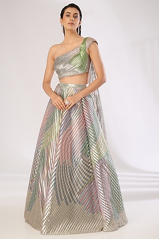 Multi-Colored Metallic Striper Lehenga Set by Amit Aggarwal