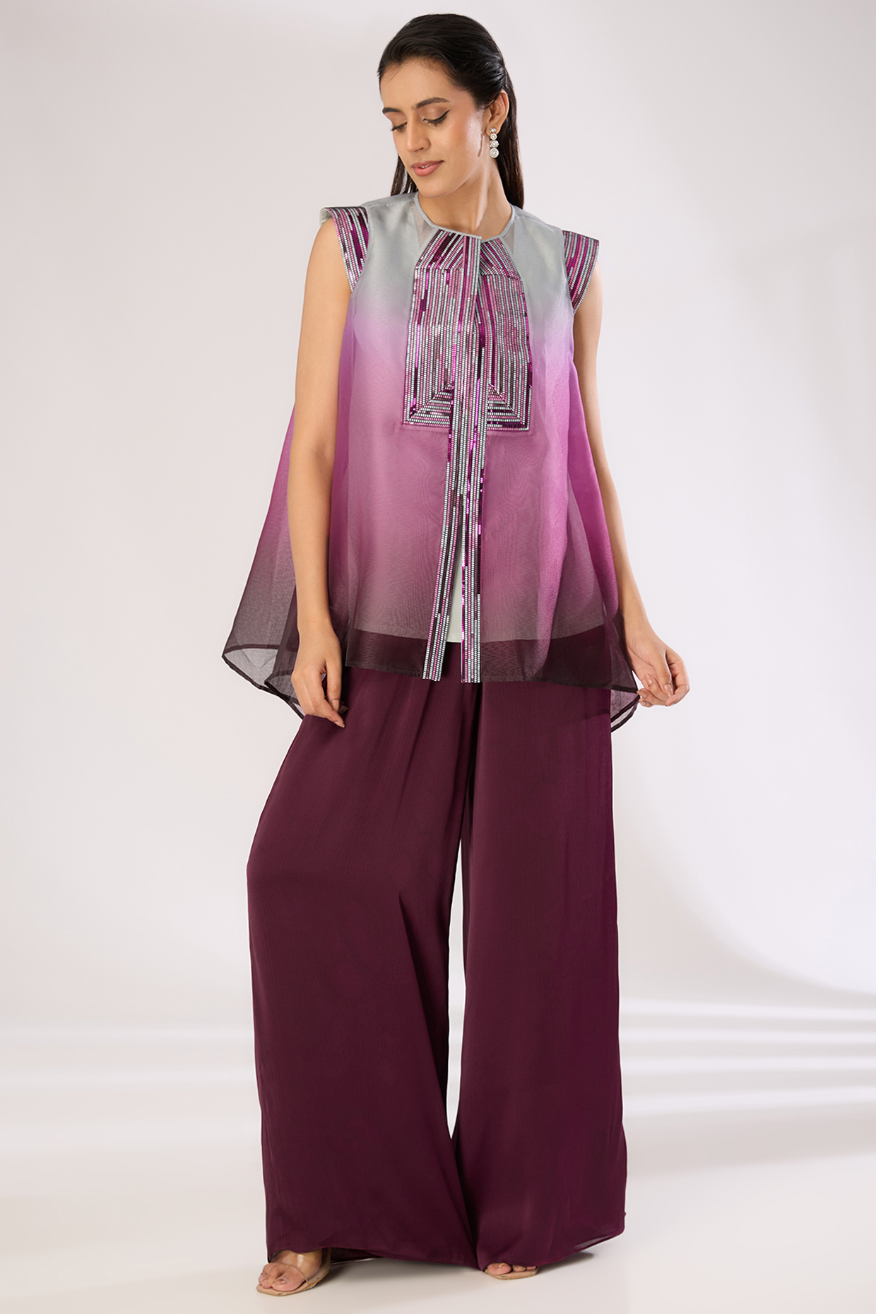 Plum Metallic Polymer & Crepe Chiffon Top by Amit Aggarwal at Pernia's Pop Up Shop