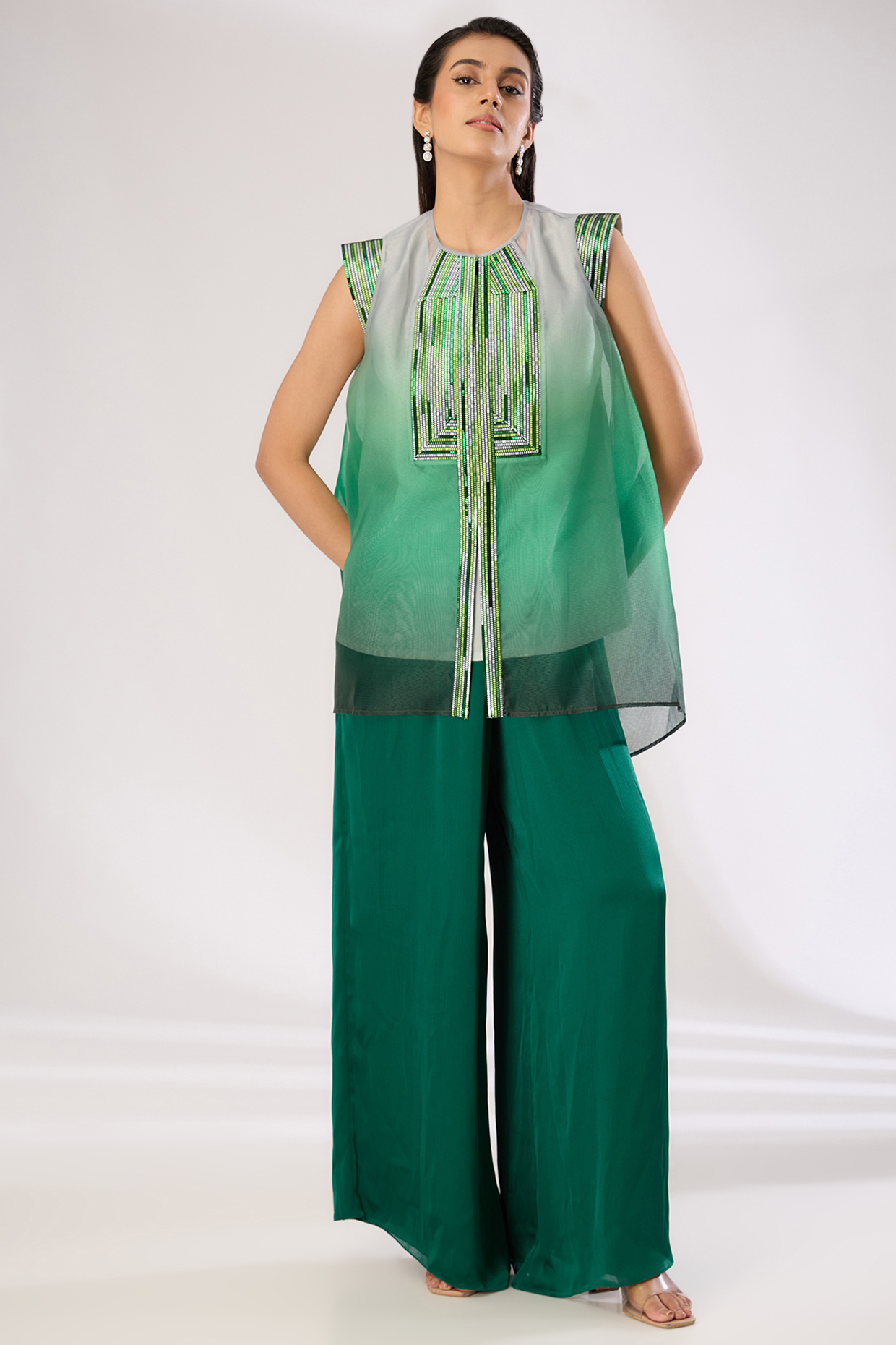 Emerald Green Metallic Polymer & Crepe Chiffon Top by Amit Aggarwal at Pernia's Pop Up Shop