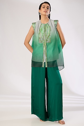 Emerald Green Metallic Polymer & Crepe Chiffon Top by Amit Aggarwal