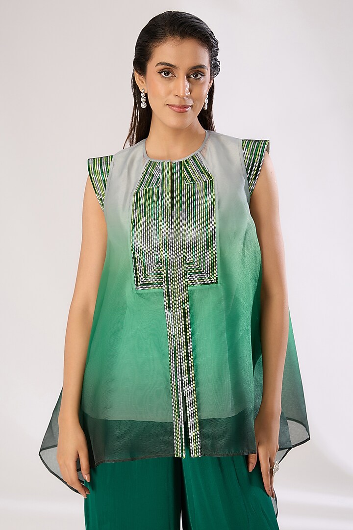 Emerald Green Metallic Polymer & Crepe Chiffon Top by Amit Aggarwal at Pernia's Pop Up Shop