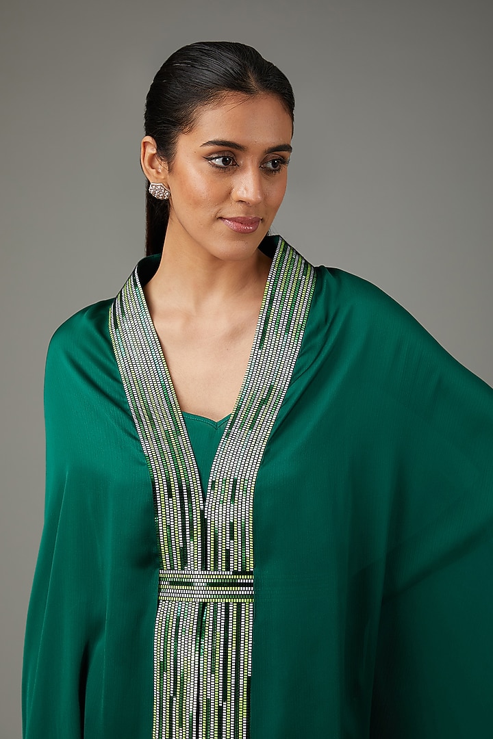 Emerald Metallic Polymer & Crepe Chiffon Cape Set by Amit Aggarwal at Pernia's Pop Up Shop