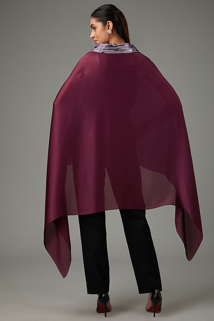 Plum Metallic Polymer & Crepe Chiffon Cape Set by Amit Aggarwal at Pernia's Pop Up Shop