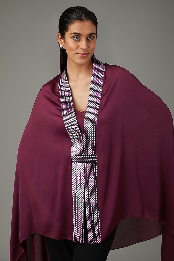 Plum Metallic Polymer & Crepe Chiffon Cape Set by Amit Aggarwal at Pernia's Pop Up Shop