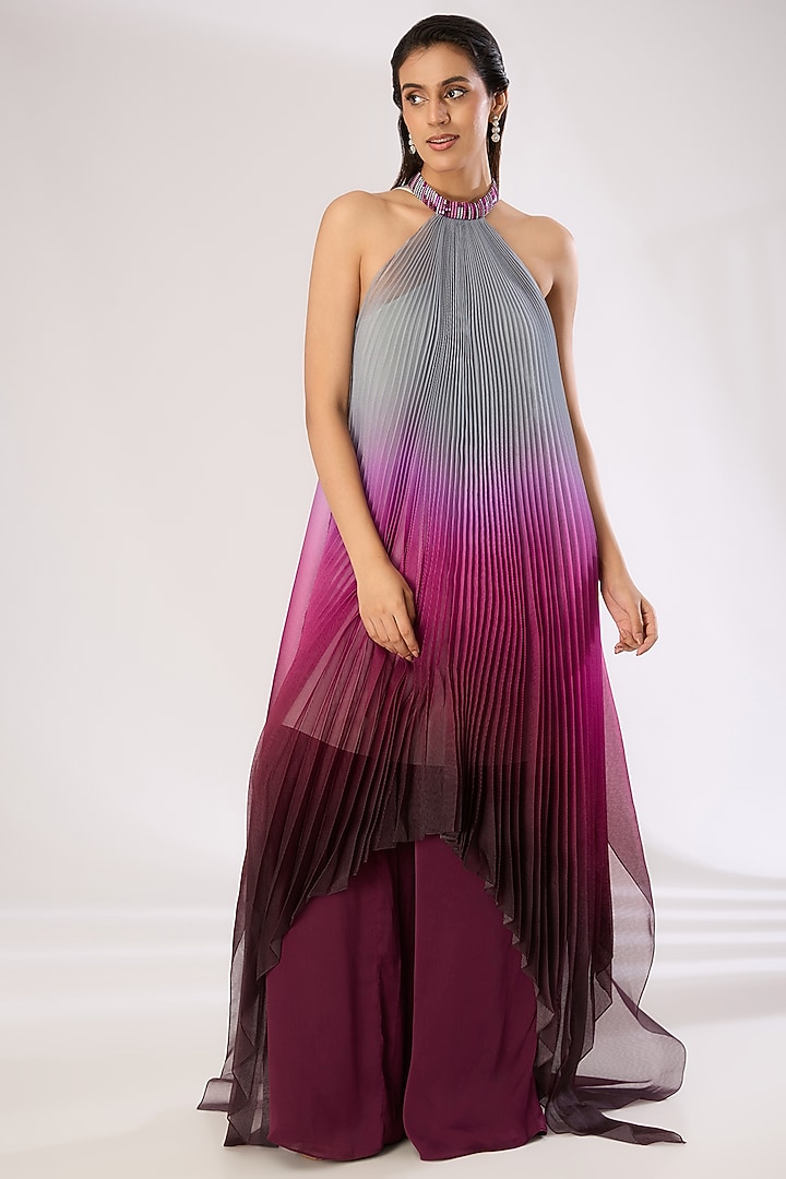 Plum Metallic Polymer & Crepe Chiffon Maxi Cocktail Dress by Amit Aggarwal at Pernia's Pop Up Shop