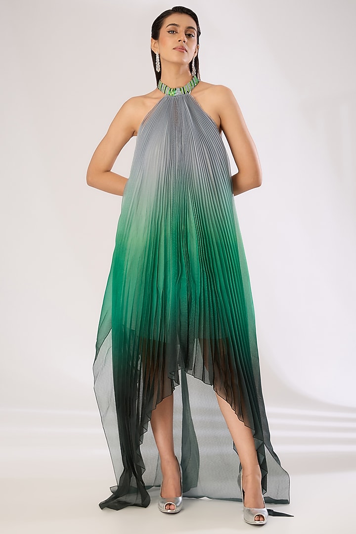 Emerald Green Metallic Polymer & Crepe Chiffon Maxi Cocktail Dress by Amit Aggarwal at Pernia's Pop Up Shop