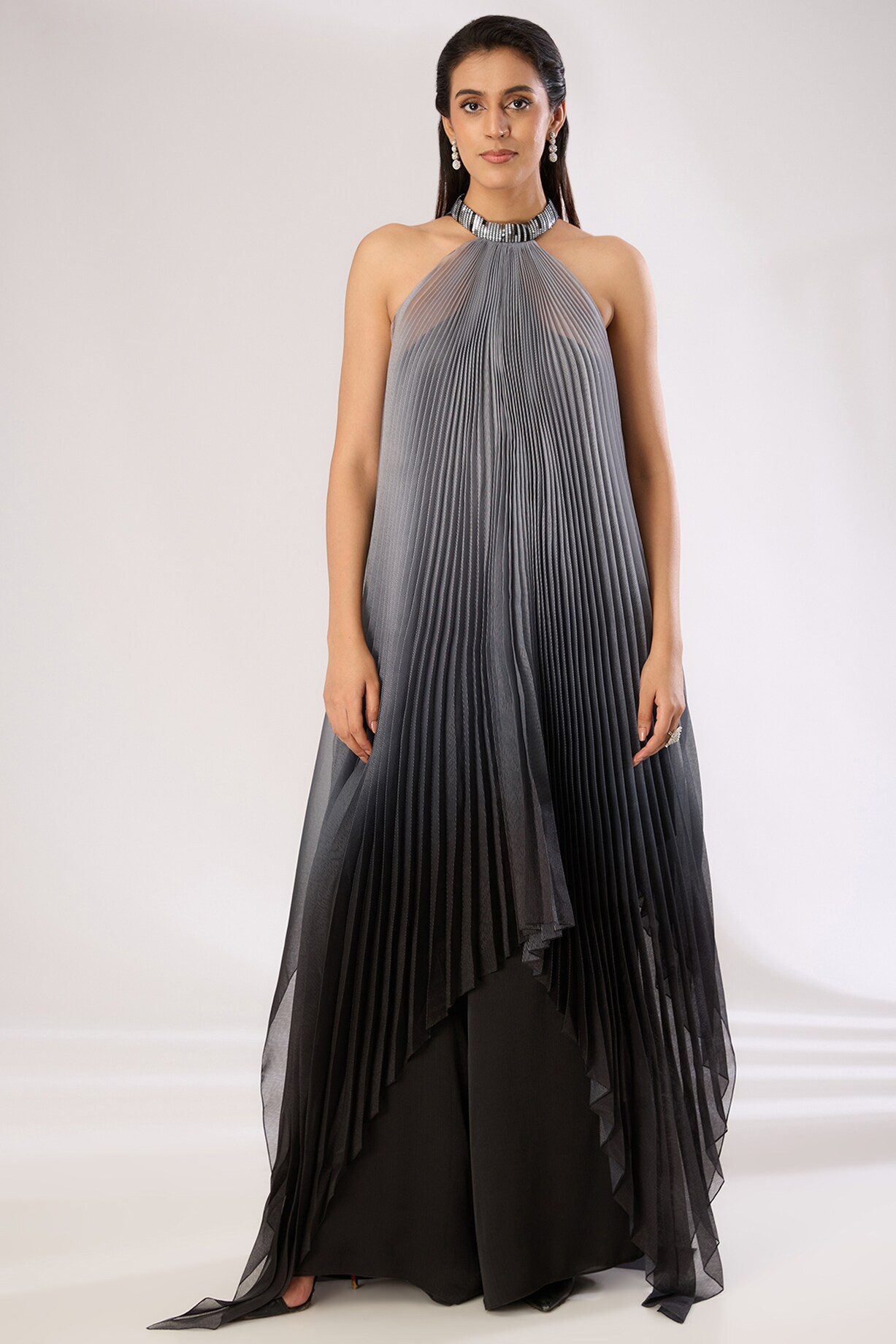 Steel Grey Metallic Polymer Crepe Chiffon Maxi Dress by Amit