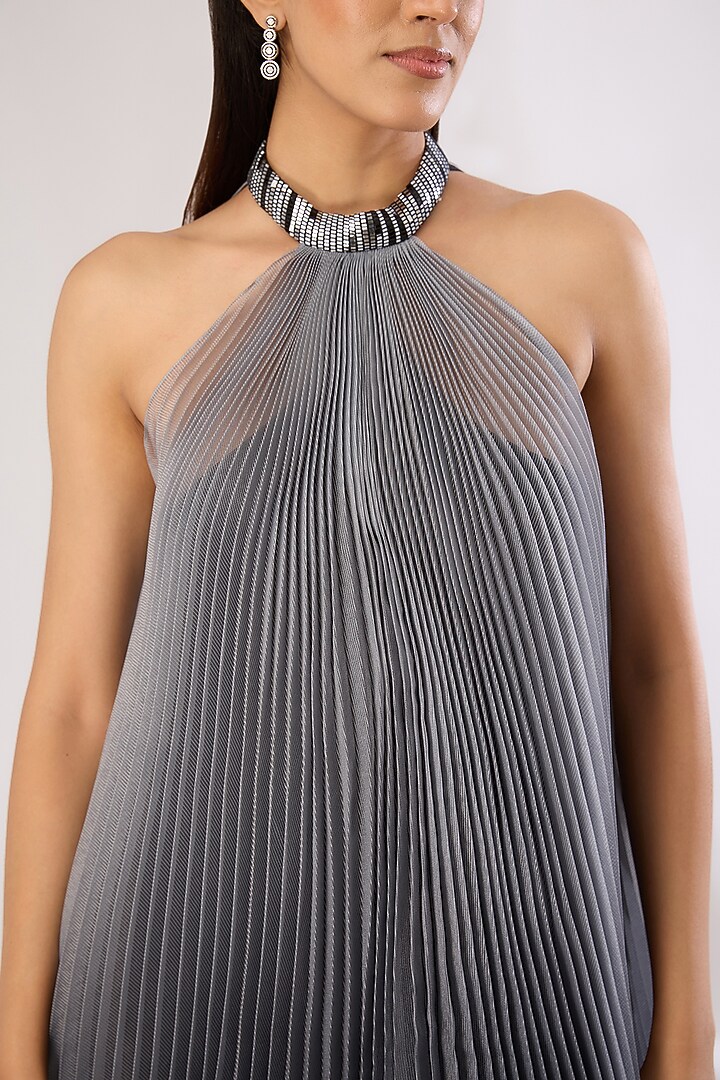 Steel Grey Metallic Polymer & Crepe Chiffon Maxi Cocktail Dress by Amit Aggarwal at Pernia's Pop Up Shop