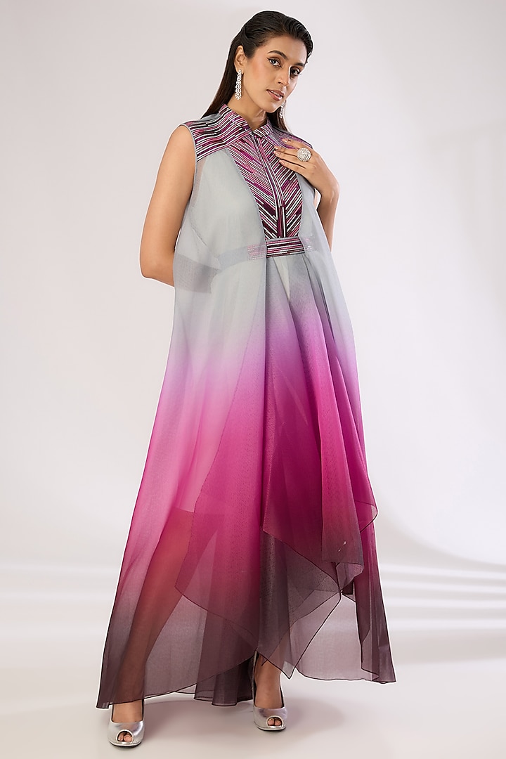 Plum Metallic Polymer & Crepe Chiffon Maxi Cocktail Dress by Amit Aggarwal at Pernia's Pop Up Shop