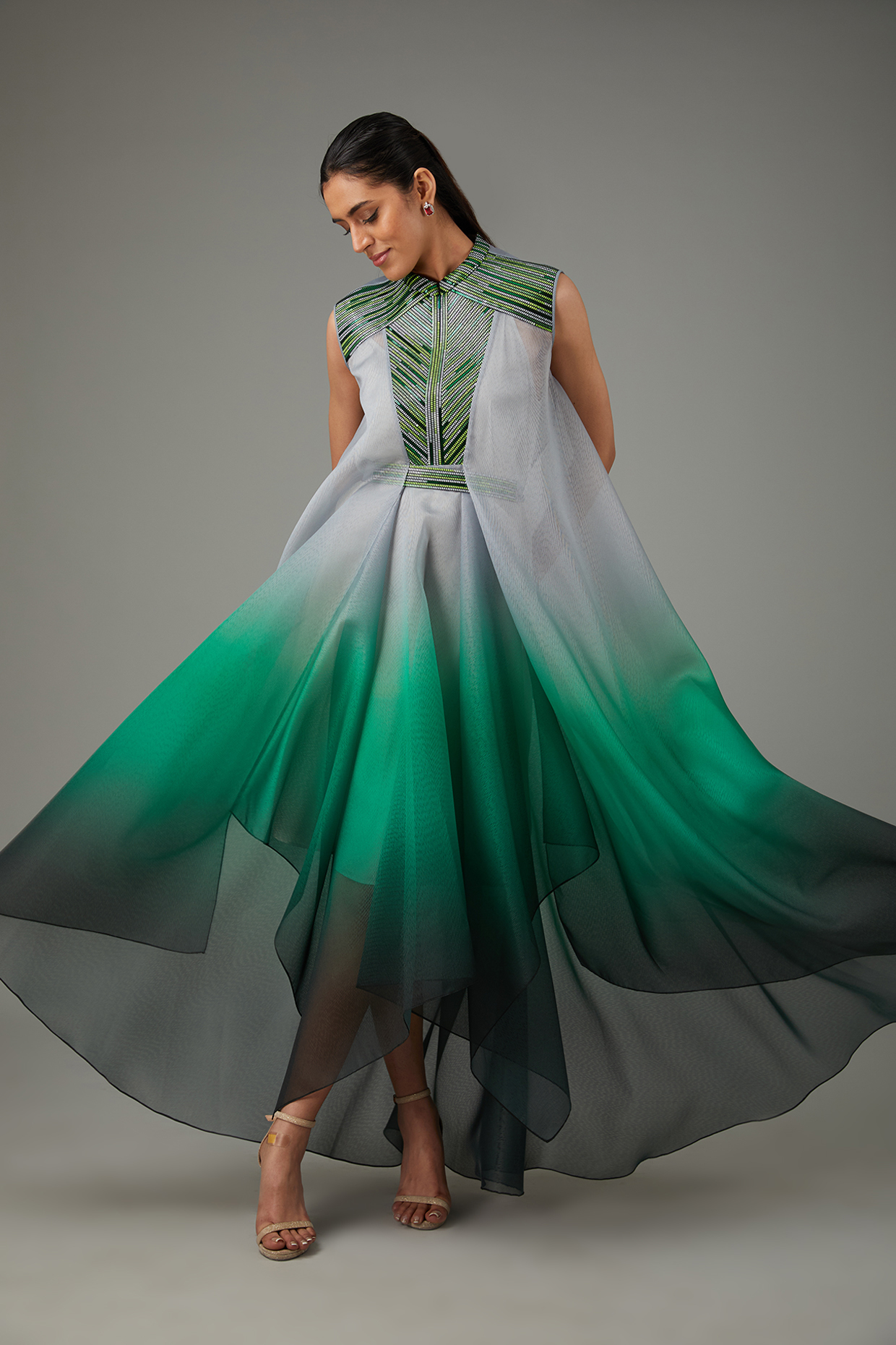 Amit Aggarwal Emerald Metallic Polymer Crepe Chiffon Dress With Belt for Women at Pernia s Pop Up Shop
