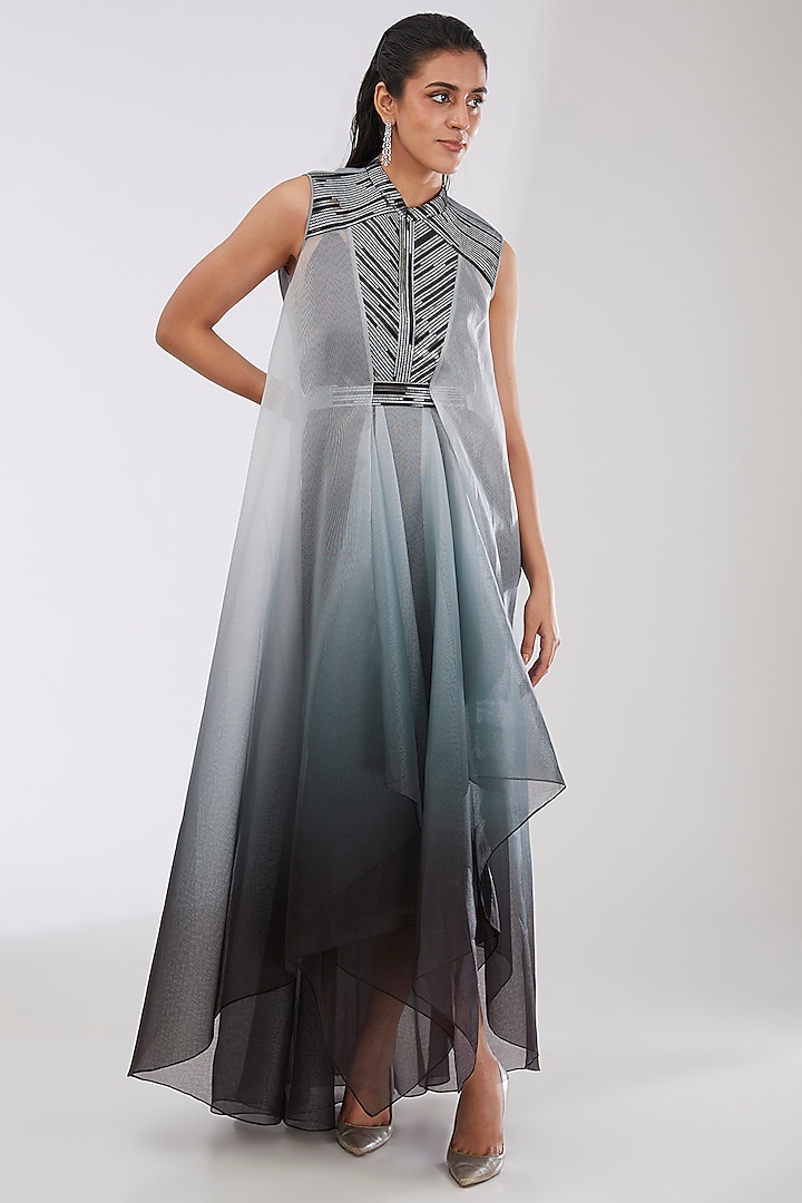 Steel Grey Crepe Chiffon & Metallic Polymer Cocktail Dress by Amit Aggarwal at Pernia's Pop Up Shop