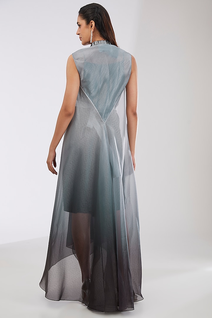 Steel Grey Crepe Chiffon & Metallic Polymer Cocktail Dress by Amit Aggarwal at Pernia's Pop Up Shop