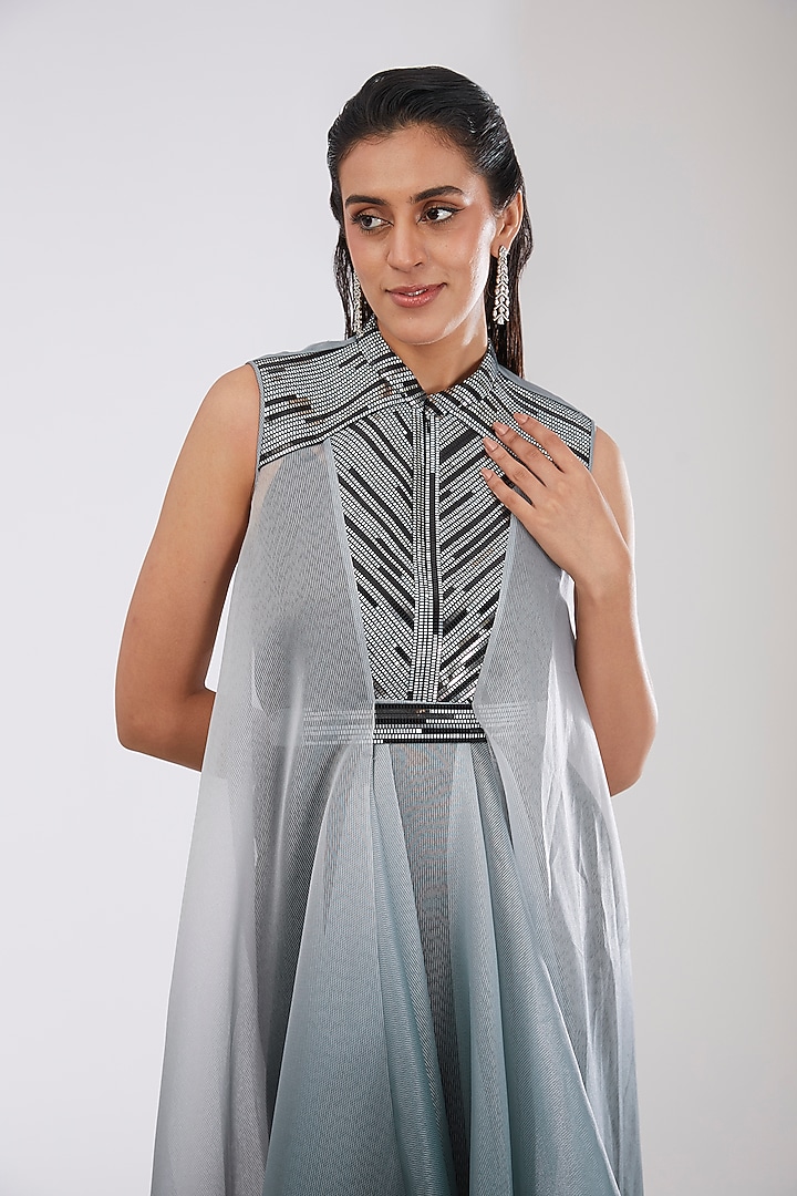 Steel Grey Crepe Chiffon & Metallic Polymer Cocktail Dress by Amit Aggarwal at Pernia's Pop Up Shop