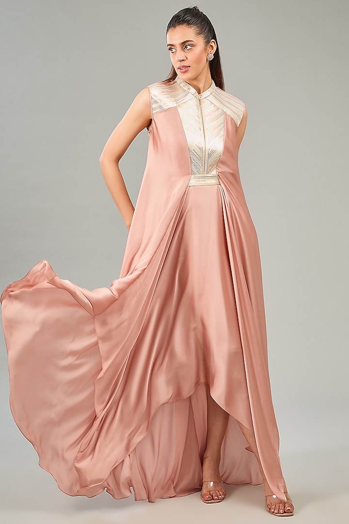 Rose Pink Metallic Polymer & Crepe Chiffon Dress by Amit Aggarwal