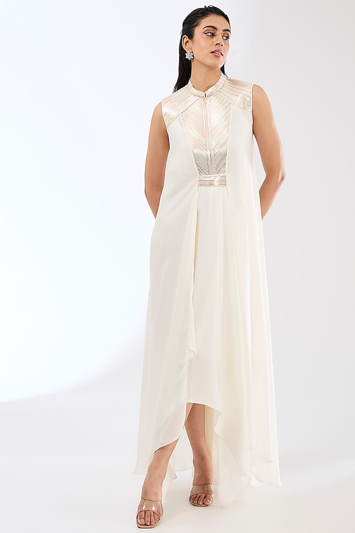 Pearl White Satin Chiffon Maxi Cocktail Dress by Amit Aggarwal at Pernia's Pop Up Shop