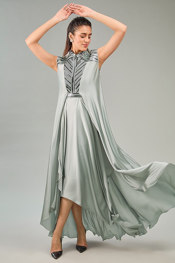 Steel grey Metallic Polymer & Crepe Chiffon Dress by Amit Aggarwal