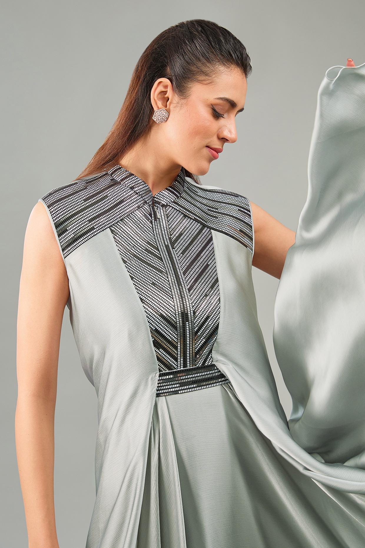 Steel grey Metallic Polymer & Crepe Chiffon Dress by Amit Aggarwal