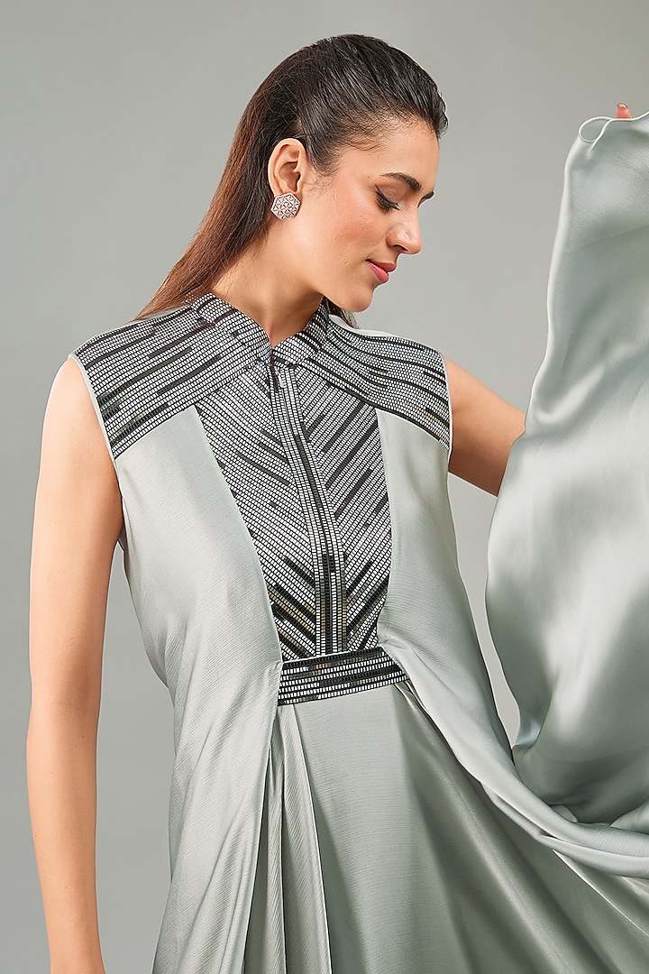 Steel grey Metallic Polymer & Crepe Chiffon Cocktail Dress by Amit Aggarwal at Pernia's Pop Up Shop