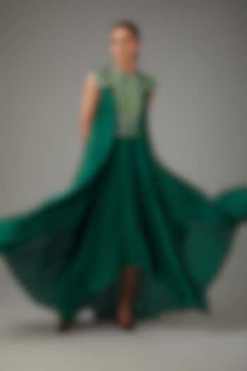 Emerald Metallic Polymer & Crepe Chiffon Dress With Belt by Amit Aggarwal