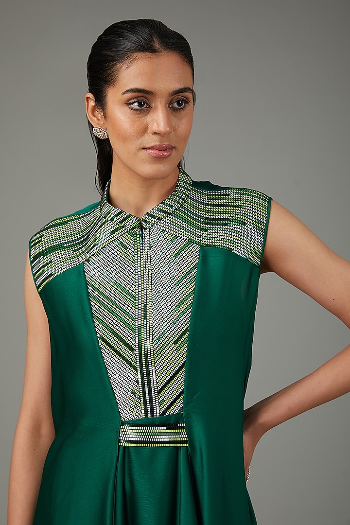 Emerald Metallic Polymer & Crepe Chiffon Cocktail Dress With Belt by Amit Aggarwal at Pernia's Pop Up Shop