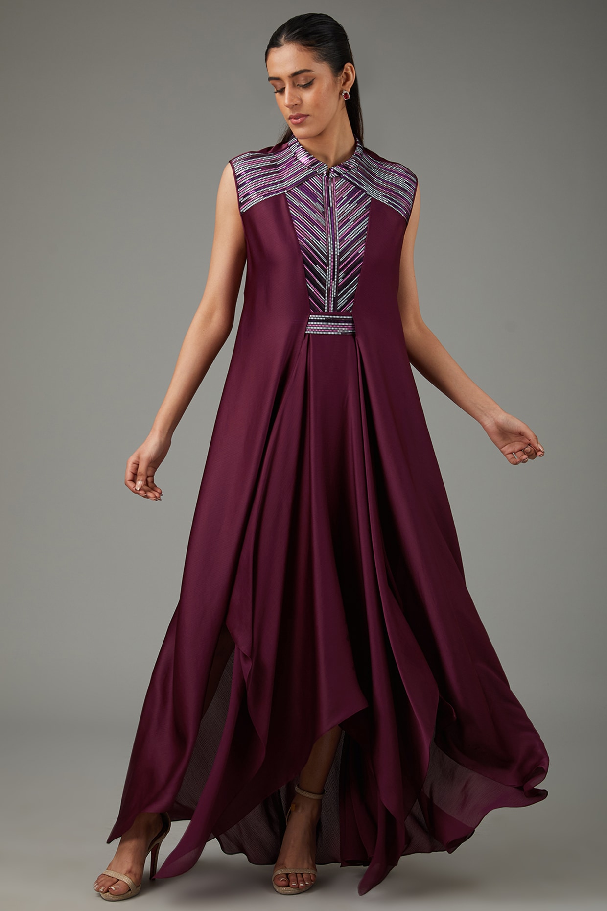 Plum Metallic Polymer Crepe Chiffon Dress With Belt by Amit Aggarwal at Pernia s Pop Up Shop 2024