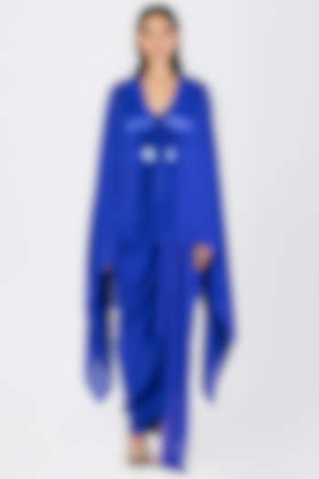Blue Satin Chiffon Metallic Draped Cape With Belt by Amit Aggarwal at Pernia's Pop Up Shop