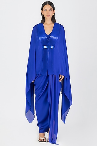 Blue Satin Chiffon Metallic Draped Cape With Belt by Amit Aggarwal